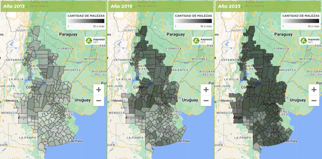 Figura 3. Evolución del número de malezas por departamento/partido en la última década en el área productiva argentina. De izquierda a derecha 2013, 2019 y 2023.